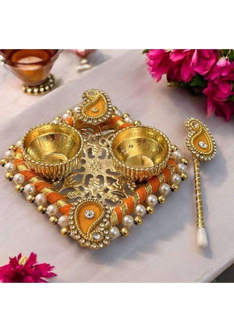 Playful Stitches Handmade Designer Roli Chawal Tilak Set Puja Items Pooja Thali Wooden (4 Pieces Yellow) - Indya
