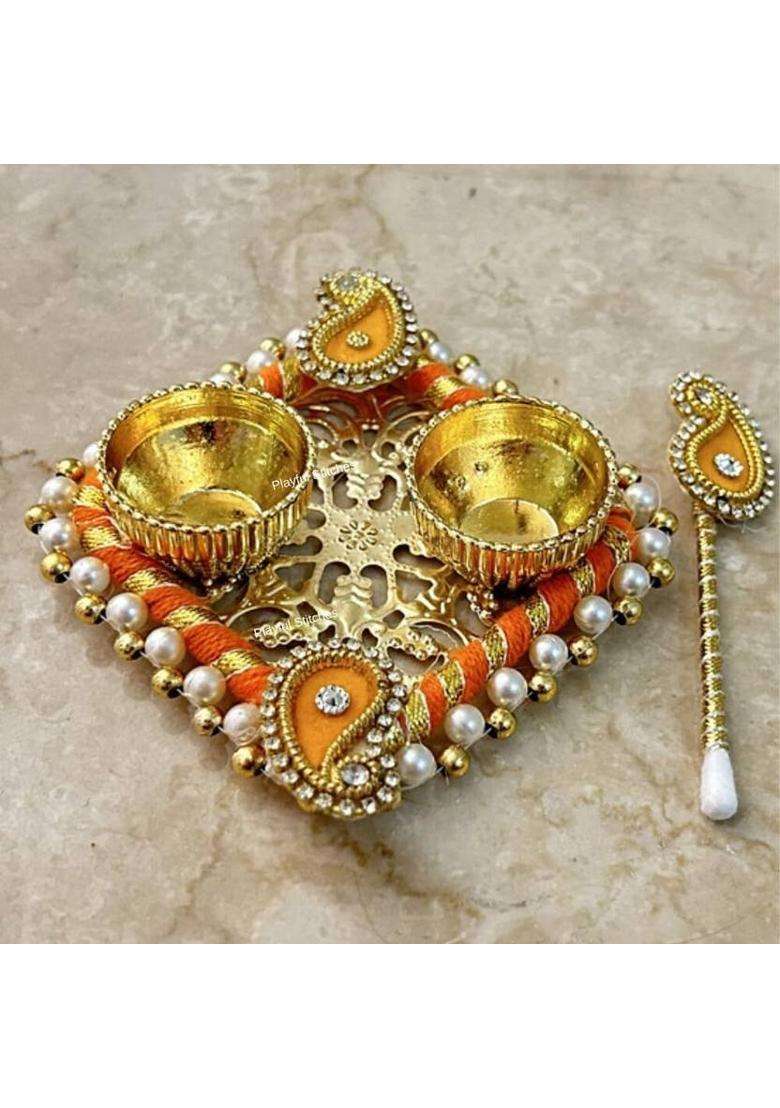 Playful Stitches Handmade Designer Roli Chawal Tilak Set Puja Items Pooja Thali Wooden (4 Pieces Yellow) - Indya