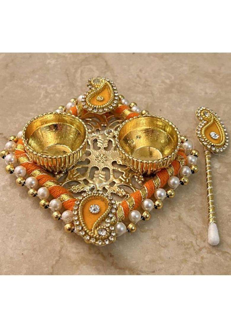 Playful Stitches Handmade Designer Roli Chawal Tilak Set Puja Items Pooja Thali Wooden (4 Pieces Yellow) - Indya