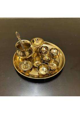 Buy N Relax 8Inch Pooja Thali Set With Chokda And Spoon Religious Worship Combo Brass (7 Pieces Gold)