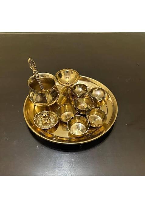 Buy N Relax 8Inch Pooja Thali Set With Chokda And Spoon, Religious Worship Combo Brass (7 Pieces, Gold)