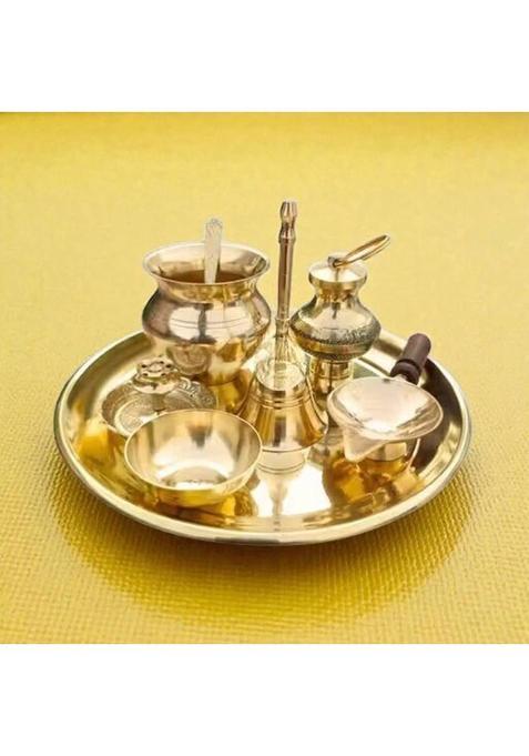 Huzur Ji Premium Brass Pooja Thali Set For Daily Worship (Gold)