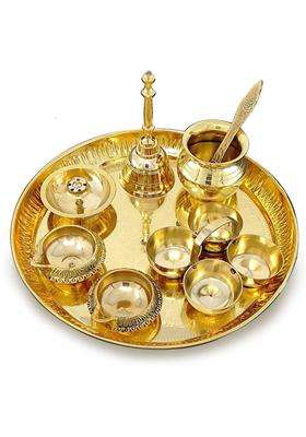 Bengalen Brass Puja Thali Set 8 Inch Home Mandir Pooja Items With Accessories (8 Pieces Gold)