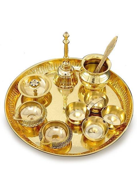 Bengalen Brass Puja Thali Set 8 Inch Home Mandir Pooja Items With Accessories (8 Pieces, Gold)