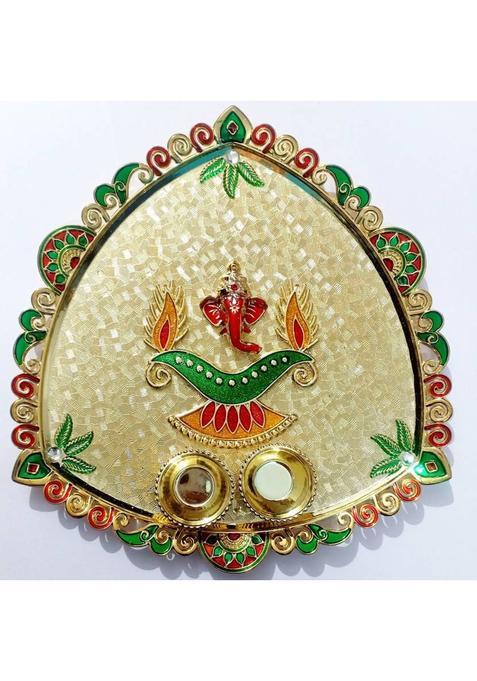 P A Health And Fitness Decorative Acrylic Rakhi Pooja Thali/Roli Chawal/Haldi Kumkum Holder.8 Inch Gold Plated (1 Pieces Multicolor)