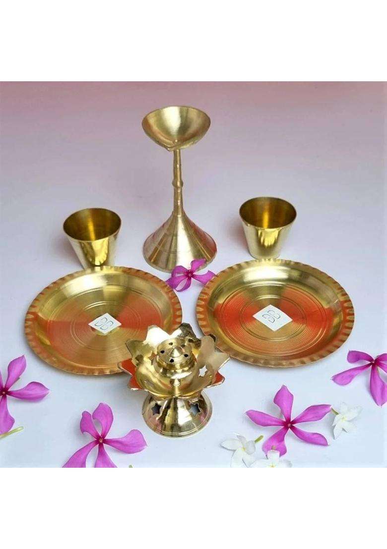 Divine Bazaar Brass Pooja Thali Set Puja Item Combo Set (6 Pieces Gold) - Indya