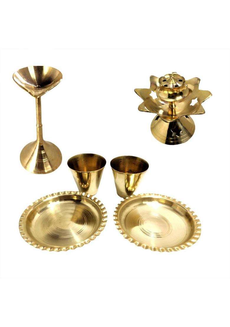Divine Bazaar Brass Pooja Thali Set Puja Item Combo Set (6 Pieces Gold) - Indya