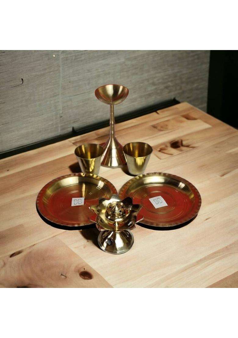 Divine Bazaar Brass Pooja Thali Set Puja Item Combo Set (6 Pieces Gold) - Indya