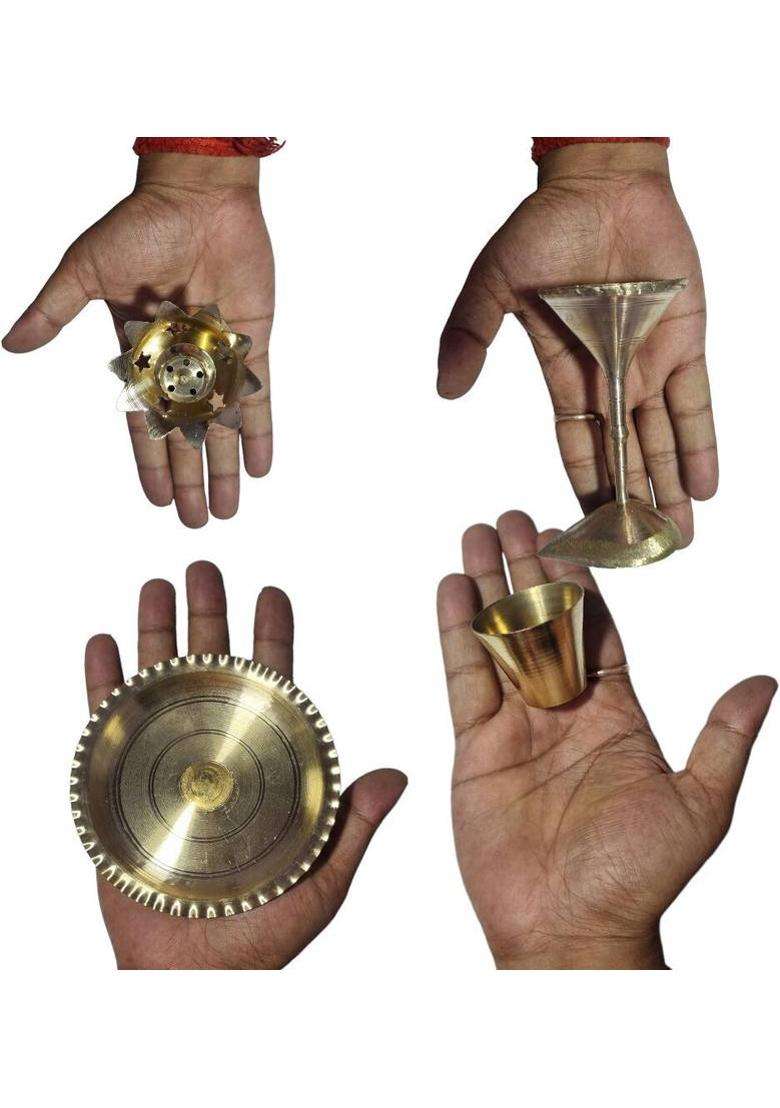 Divine Bazaar Brass Pooja Thali Set Puja Item Combo Set (6 Pieces Gold) - Indya