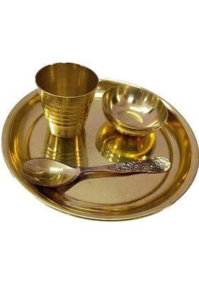 Sanskaari Brass Laddu Gopal Bhog Plate Set 1 2 Katori 1Glass Thakur Ji Kanha Ji (Gold)