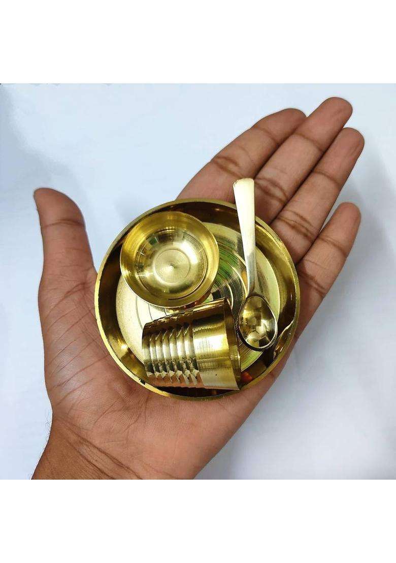 Sanskaari Brass Laddu Gopal Bhog Plate Set 1 2 Katori 1Glass Thakur Ji Kanha Ji (Gold) - Indya
