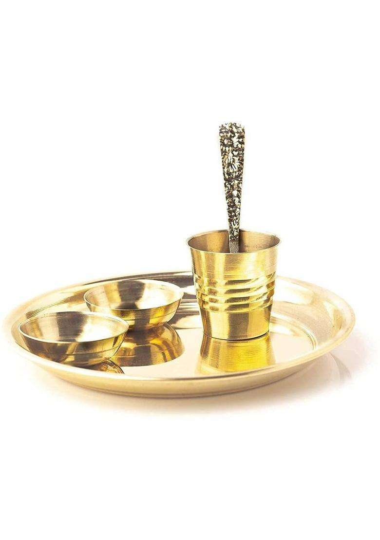 Sanskaari Brass Laddu Gopal Bhog Plate Set 1 2 Katori 1Glass Thakur Ji Kanha Ji (Gold) - Indya