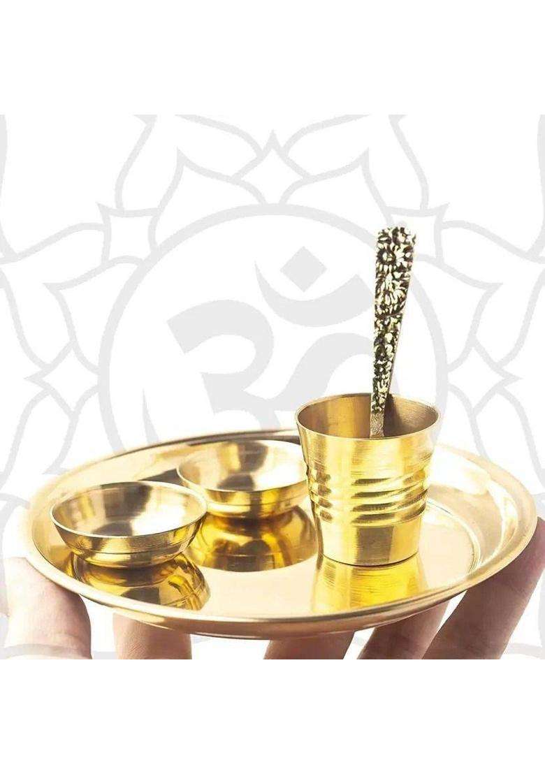 Sanskaari Brass Laddu Gopal Bhog Plate Set 1 2 Katori 1Glass Thakur Ji Kanha Ji (Gold) - Indya