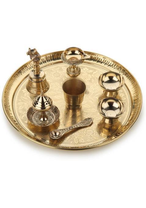 Torppeza Brass Pooja Plate Set (1 Pieces Gold)