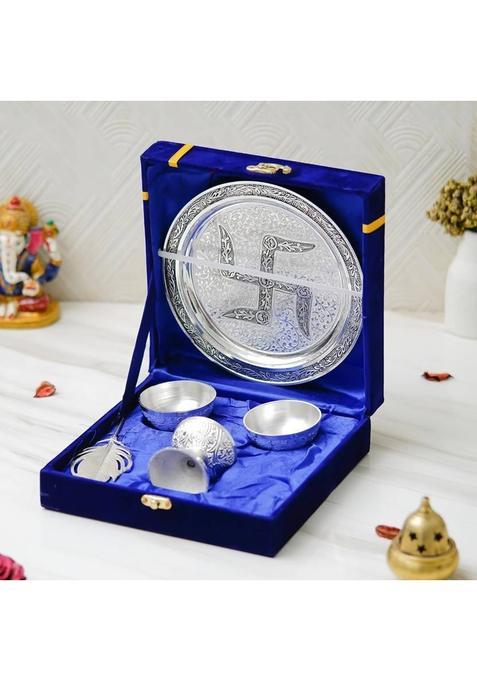 Zencrafts Premium Silver Plated Swastik Pooja Thali Set With Velvet Box For Diwali Poojan (6 Pieces, Silver)