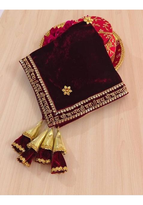 Wedlock Velvet Thal Cover With Golden Lace For Pooja, Karwa Chauth & Festivals Silk (1 Pieces, Maroon, Gold)