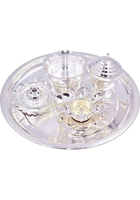 Ojas Silver Plated Pooja Plate Set With Accessories Gifting For Every Occasion. (Silver)