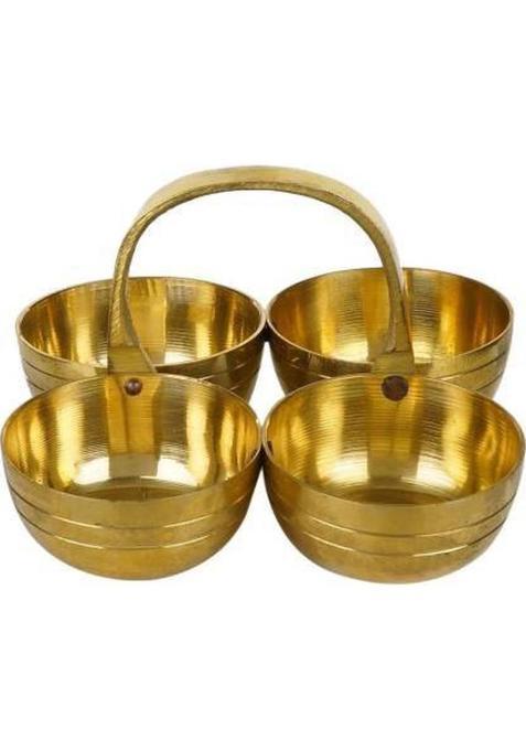 Fellix Puja Roli Chawal Elaichi Mishri 4 Bowl Stand Brass (1 Pieces Gold)