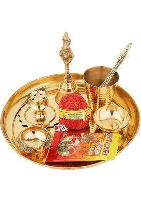 Navyaksh Pure Brass Special Puja Thali Set Of 9 Items For Diwali Poojan/Pooja Room/Diwali Gifting (Gold)