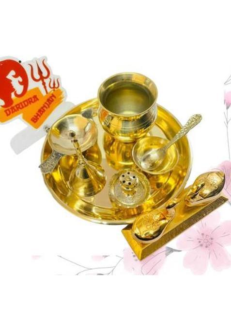 Daridra Bhanjan Brass Pooja Thali Set Puja With PlateDiya Dhoop And Agarbatti Stand (Gold)