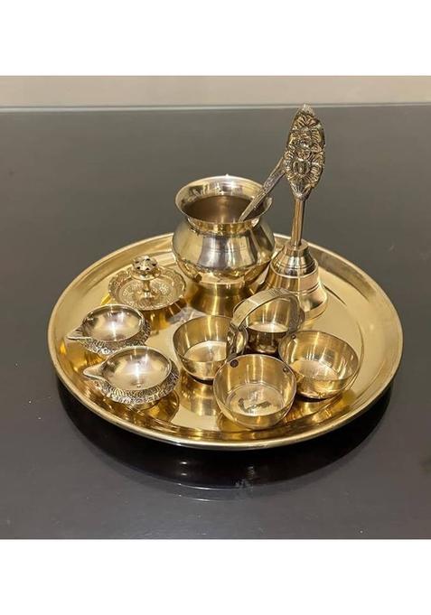 Chkoteravatiya 8Inch Puja Thali Set With Lota, Diya, Bell And Bowls, Gold-Plated Brass (7 Pieces, Gold)