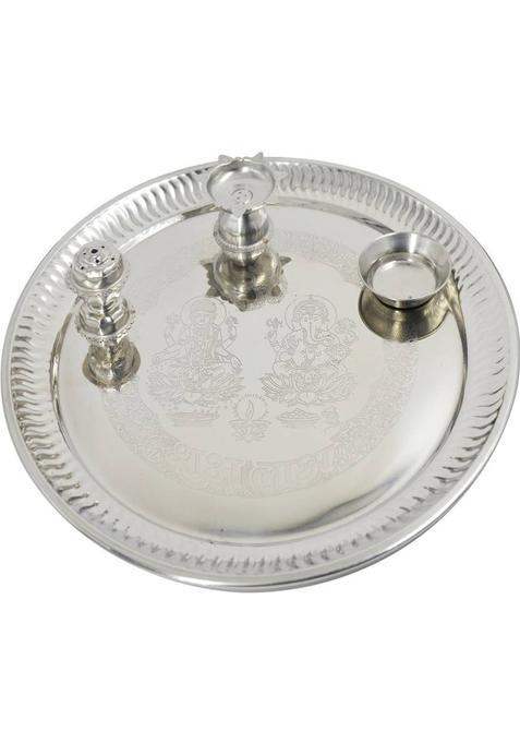 Me&You Silver Plated Pooja Thali For Diwali | Navratras Dhanteras Bhaidooj And Gift Friends & Relative (12 Inch) (1 Pieces, Silver)