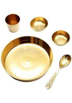 Rolimoli Brass Laddu Gopal Bhog Thali Set With 2 Katori 1 Glass Spoon For Temple Home D Cor (5 Pieces Gold)