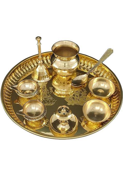 Bengalen Brass Pooja Thali Set 8 Inch With Accessories Home Mandir Puja Return Gift Items (Gold)