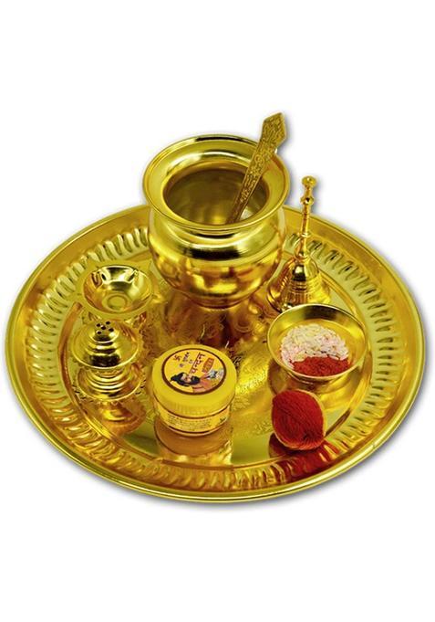 Me&You Golden Plated Pooja Thali Set Gold (1 Pieces, Gold)