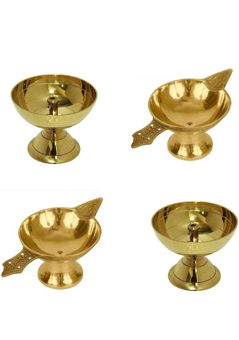 De-Ultimate Combo Of 2 Pcs Classic Round Pure Brass Paro Pyali Worship/Spirtual/Religion Table Diya Designed Deepak With Akhand Laxmi Pital /Deepak For Arti Puja (4 Pieces Yellow Brown) - Indya
