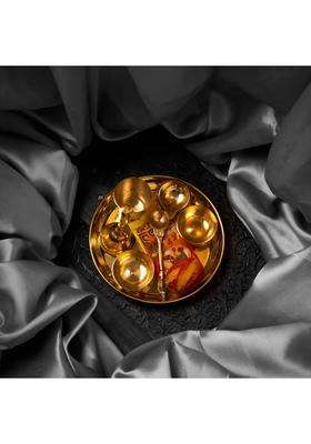 Shri Anand Designer Brass Navratri/Diwali/Deshera/Rakhi Pooja Thali Set Of 9 Items For Diwali Poojan/Puja Room/Diwali Gifting Plate Free Roli Tika And Moli Thread (6 Inch Gold) (9 Pieces