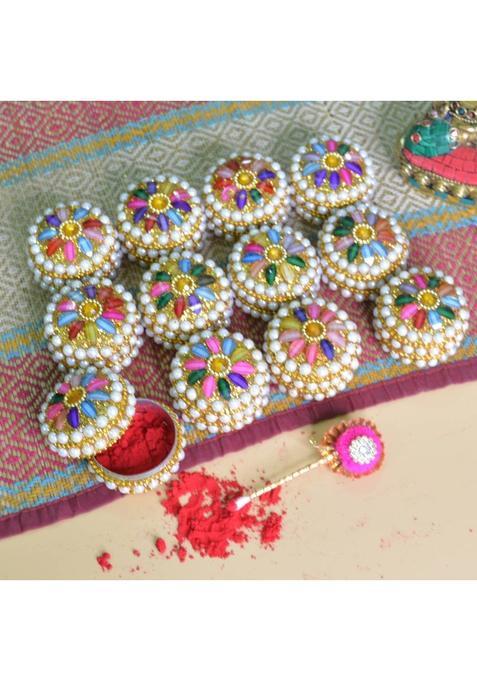 Santarms Kumkum Sindoor Box With Stick Gifting For Married Women Set Of 12 Aluminium (12 Pieces Gold)