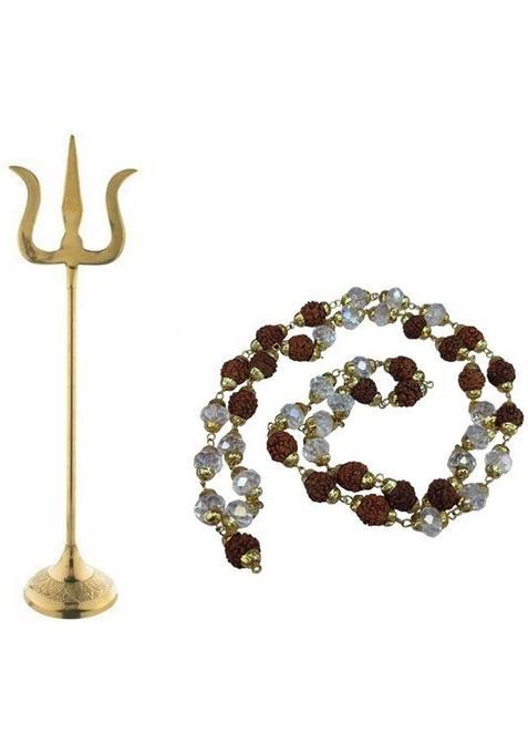 Uniqon Combo Of 2 Pcs Trishul Statue (2 No ) With Round Stand And 33 Cm Long Cap Mala For Puja Purpose Brass Pieces Multicolor)