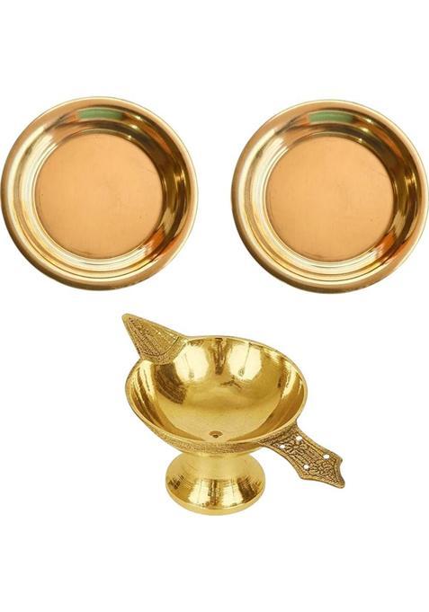 Shreeja Shilpcraft Pure Brass Puja Plate Set Of 2 With 1 Traditional Diya For Home Temple (3 Pieces, Gold)