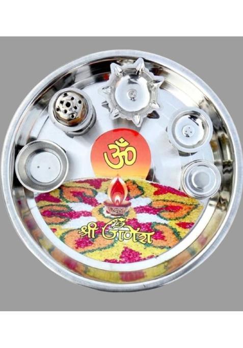 Sikarwar Traders Steel Pooja Thali With Deepa Agarbatti Stand Roli Chawal (1 Piec Steel) Stainless Pieces
