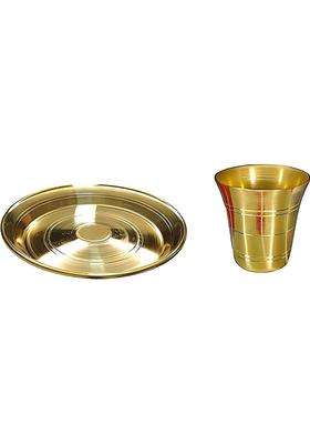 Mle 1 Pcs Small Pooja Thali/Plate & Glass Set Brass (2 Pieces Gold)