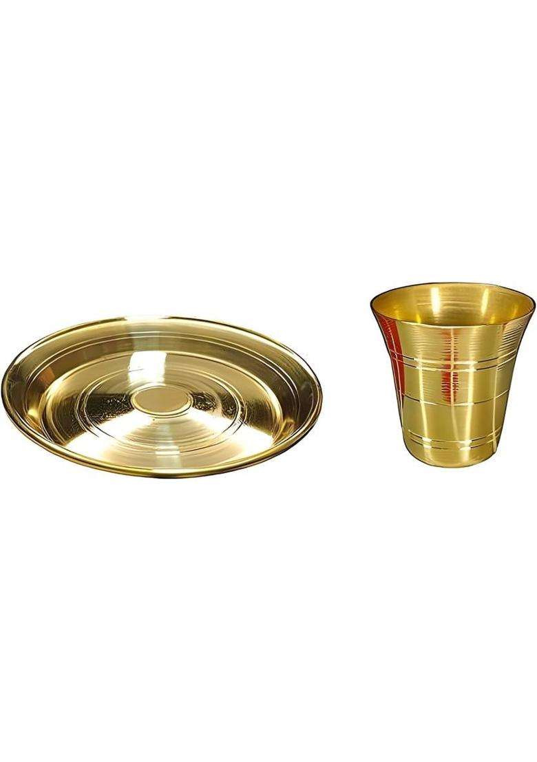Mle 1 Pcs Small Pooja Thali/Plate & Glass Set Brass (2 Pieces Gold) - Indya