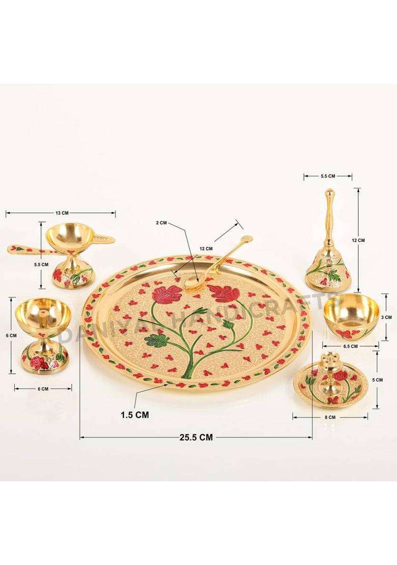 Daniyal Handicrafts Brass Pooja Thali (With Premium Velvet Box) (6 Pieces Gold) - Indya