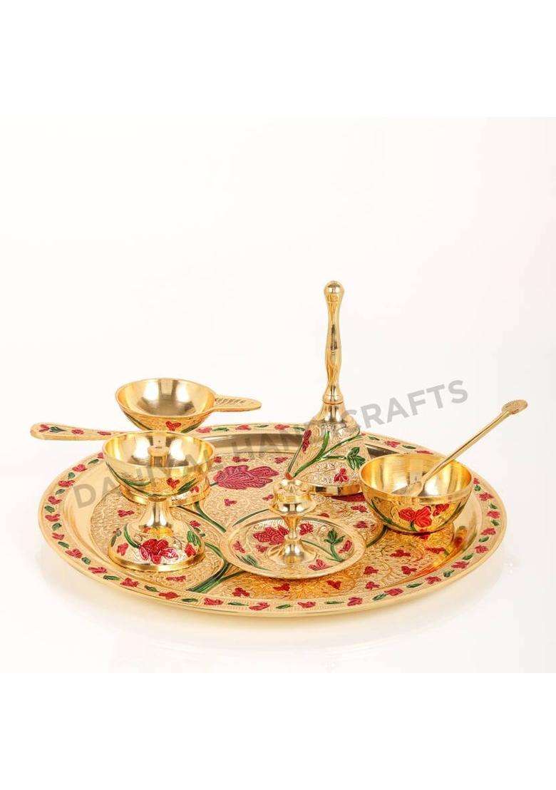 Daniyal Handicrafts Brass Pooja Thali (With Premium Velvet Box) (6 Pieces Gold) - Indya