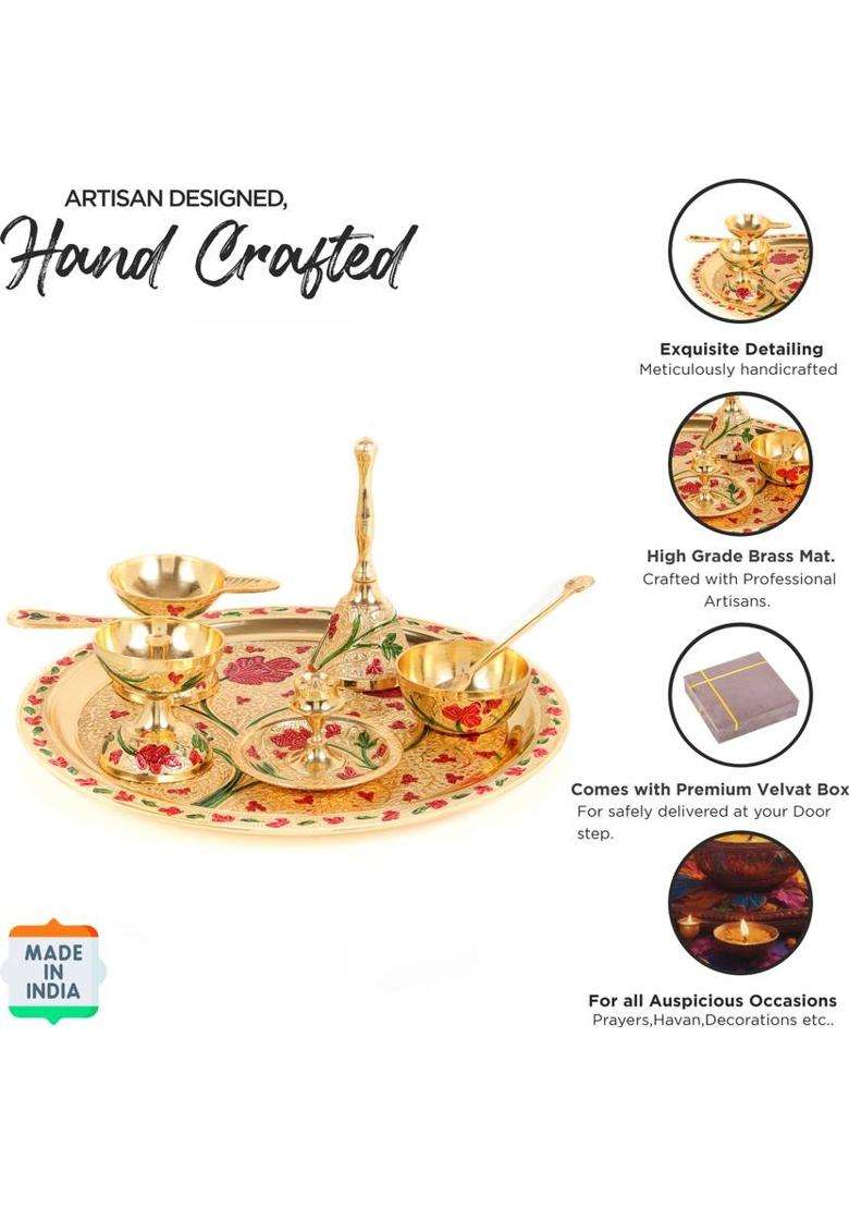 Daniyal Handicrafts Brass Pooja Thali (With Premium Velvet Box) (6 Pieces Gold) - Indya