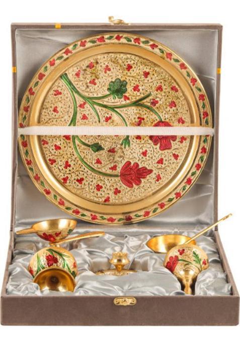 Daniyal Handicrafts Brass Pooja Thali (With Premium Velvet Box) (6 Pieces Gold)