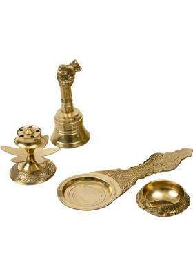 Spillbox Traditional Combo Of Nandi Bell Agarbatti Dhoop Kapoor Aarti Spoon And Diya Brass (Gold)
