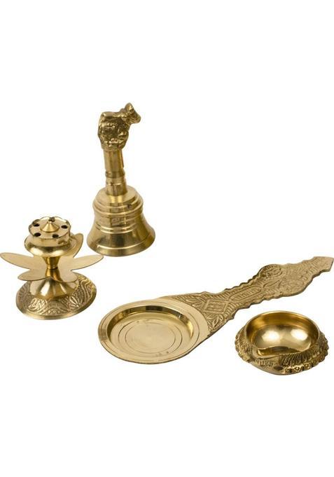 Spillbox Traditional Combo Of Nandi Bell Agarbatti Dhoop Kapoor Aarti Spoon And Diya Brass (Gold)