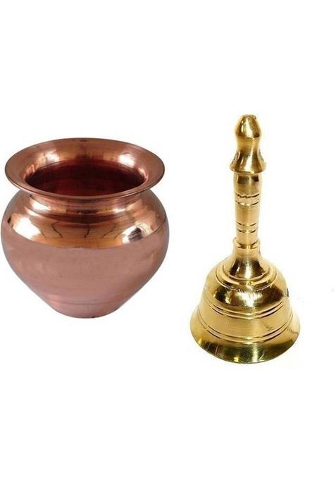 Stylewell Combo Of Round Head Pooja Puja Bell Ghanti With Copper ( 2 No ) Kalash Lota Brass (Multicolor)