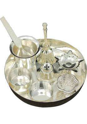 Bengalen Pooja Thali Set Silver Plated Small 5 Inch Puja Wedding Return Gift Items (9 Pieces Silver)