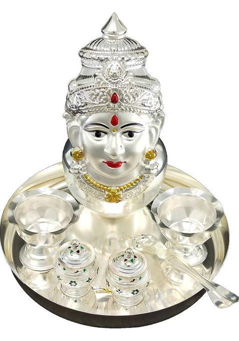 Bengalen Pooja Thali Set Small 8 Inch Wedding Return Gift Items Silver Plated (8 Pieces Silver)