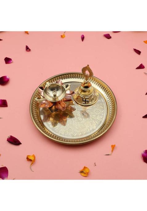 Flipkart Smartbuy Handcrafted 100% Brass Flower Pooja Thali Plate Set With Lotus Diya & Bell (1 Pieces Gold)