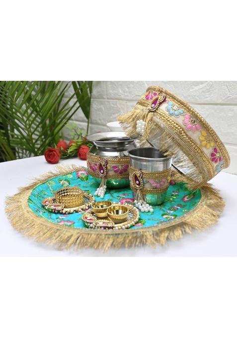 Avikalp India Set Of 6 Handcrafted Karwa Chauth Thali Stainless Steel (6 Pieces Multicolor)
