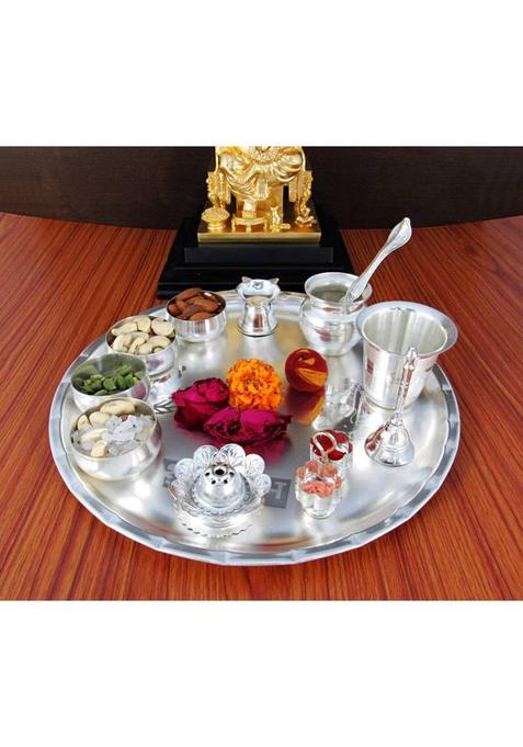 Goldgiftideas 12 Inch Sarovar Pooja Thali Set Silver Plated (12 Pieces, Silver)