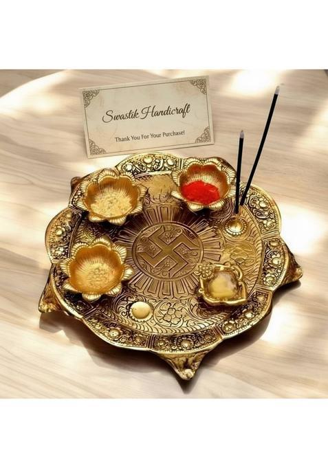 Swastik Handicraft Gifts Pooja Thali With Diya For Home And Office Temple Puja (1 Pieces, Gold) Aluminium